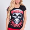 Black skull t-shirt / Black top / Extravagant cotton top / Black blouse / Skull top / Printed t-shirt / Roses / Black and red top