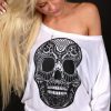 Lightweight Off Shoulder, Pink or White, "Electro Skull" Women's Long sleeve Top, Festival Clothes, Cute Top, Shirt, Yoga Clothes, Edm, Rave