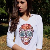 Skull Shirts Sugar Skull Shirt Skull Clothing Skull Clothing White Skeleton Shirt Floral Skull Tee Shirt V Neck Women 3/4 Sleeve Shirt