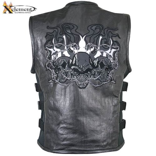 Xelement B95100 Mens Black Leather Motorcycle Vest with Straps and Ref